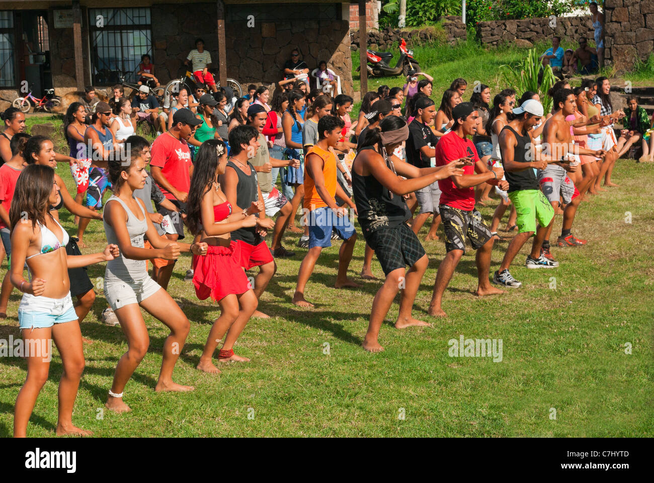 Group of teenagers practice dancing for the Tapati Rapa Nui festival held in February Stock Photo