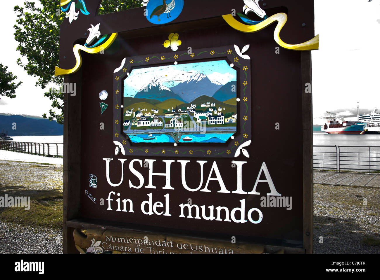 'Ushuaia end of the world' sign in shoreline park Stock Photo