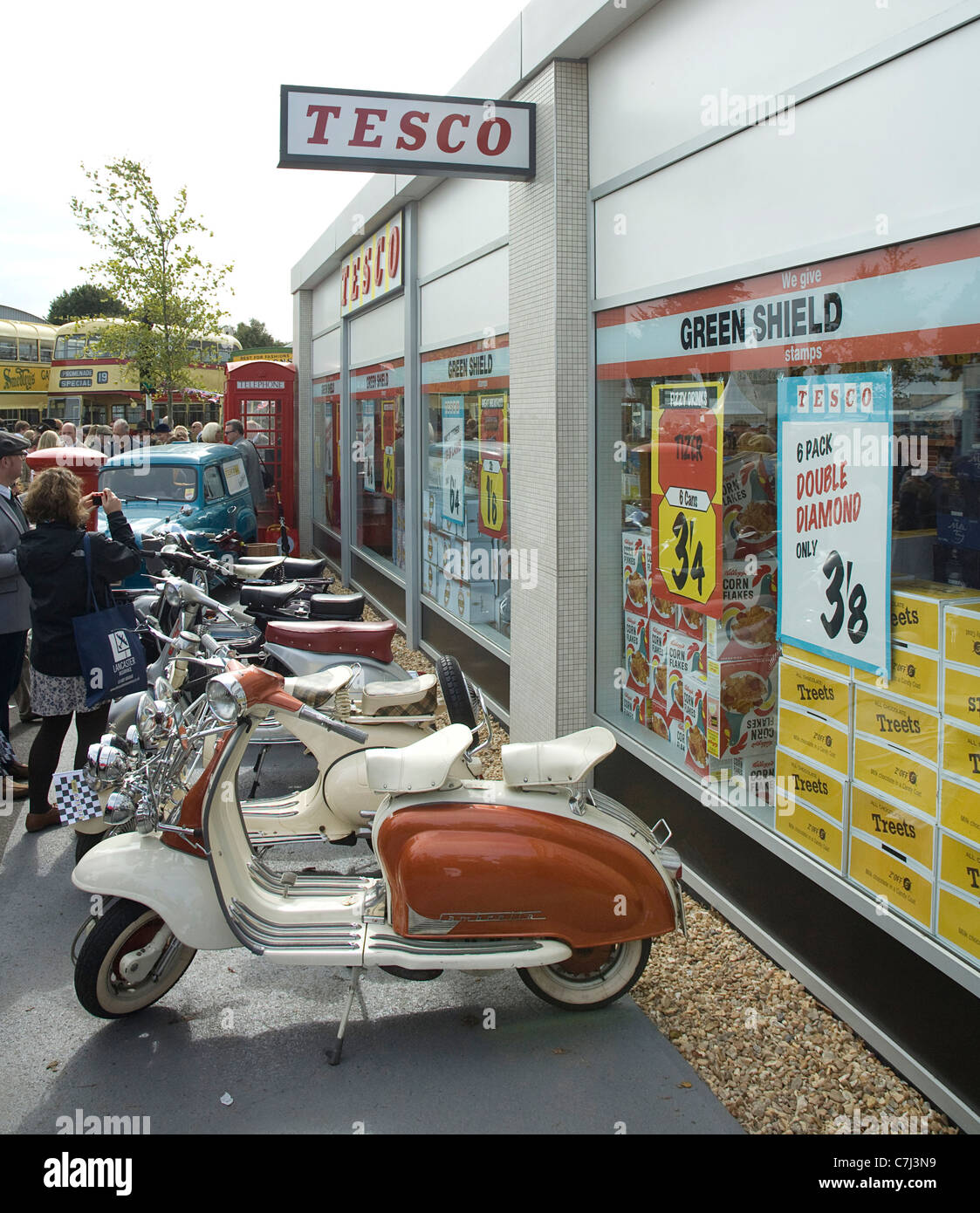 Tesco retro supermarket with scooters at 2011 Goodwood Revival Stock Photo