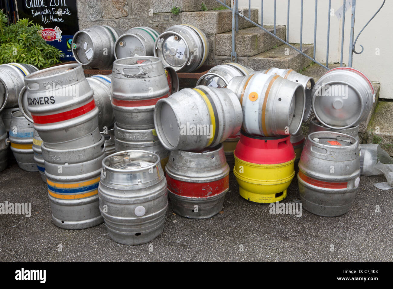 Lots of beer barrels outside a pub in Falmouth, Cornwall UK. Stock Photo