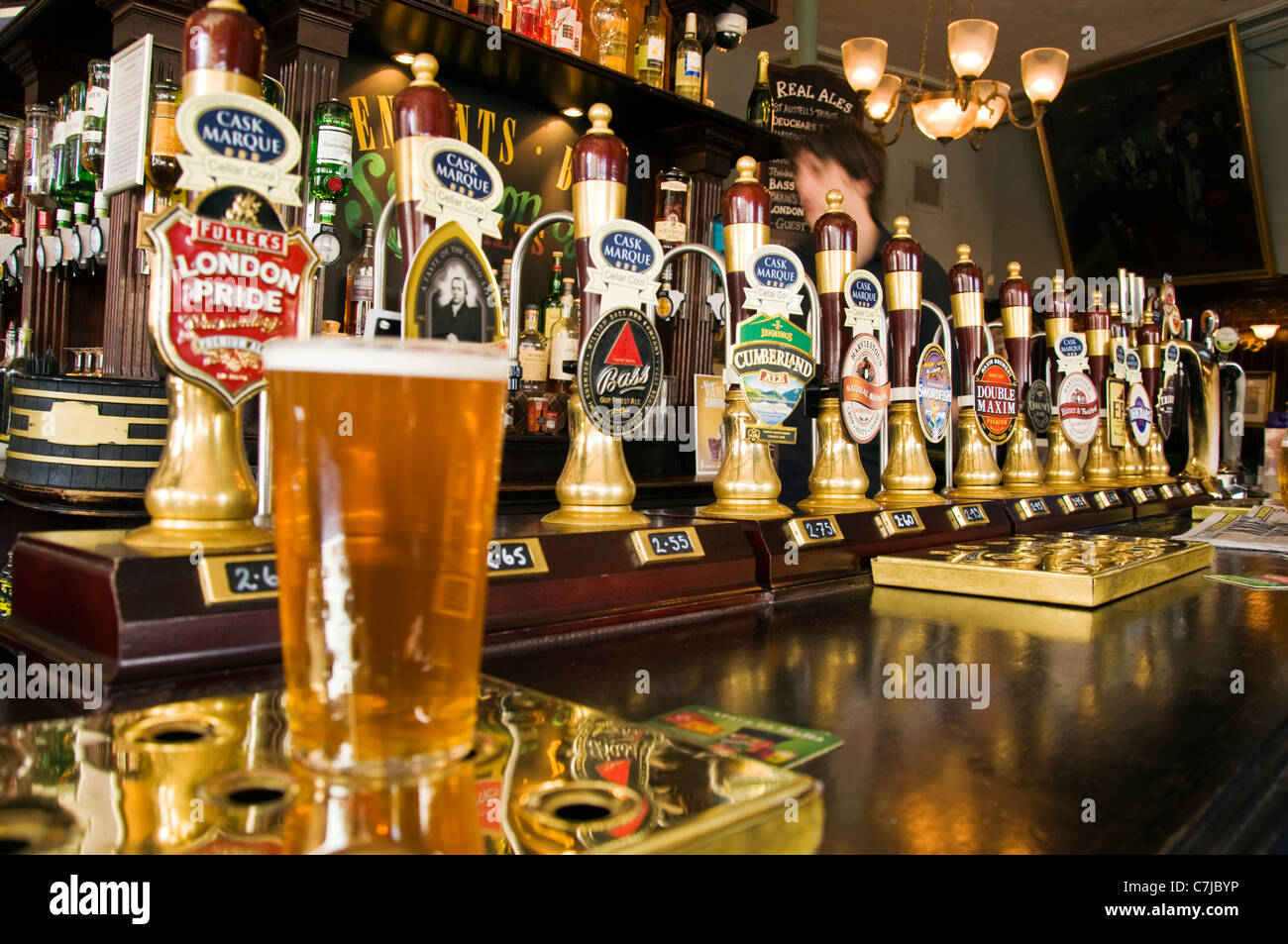 Real Ale hand pumps in a bar pub Stock Photo