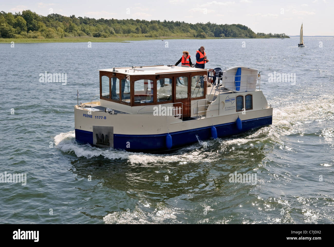 Hire boat on Lake Müritz,  Mecklenburg-Western Pomerania, Germany. Stock Photo