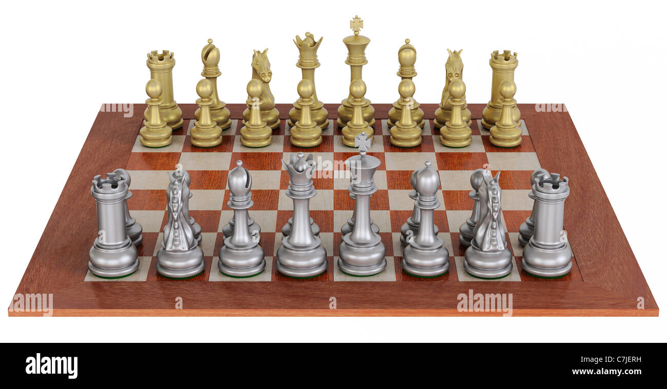 High detailed 3d-render of a metal chess set on a wooden board isolated over white. Stock Photo
