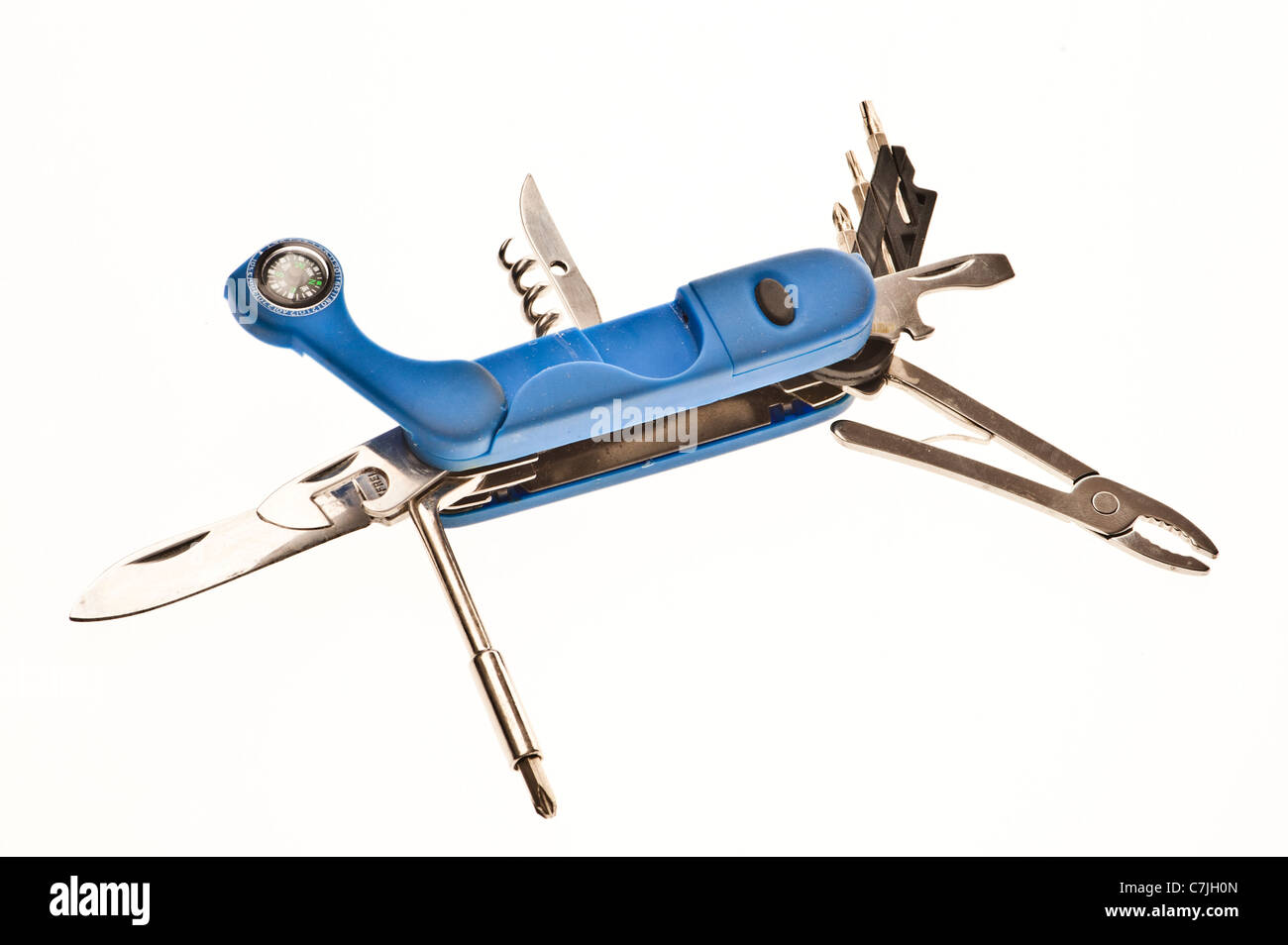 An opened multi-tool penknife on a white backlit background Stock Photo