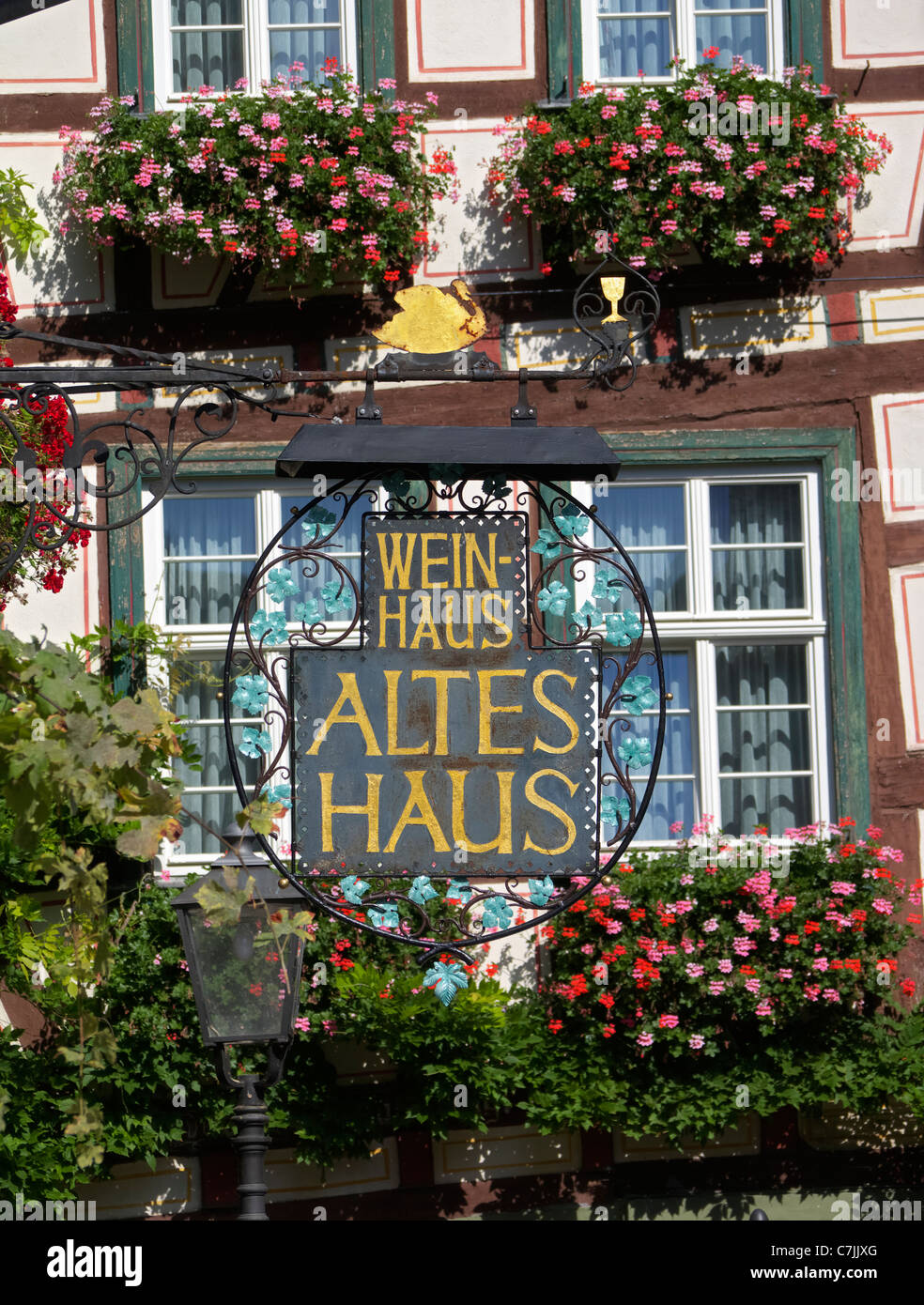 Old Altes Haus half-timbered historic landmark building in  Bacharach in Rhineland on River Rhine Germany Stock Photo
