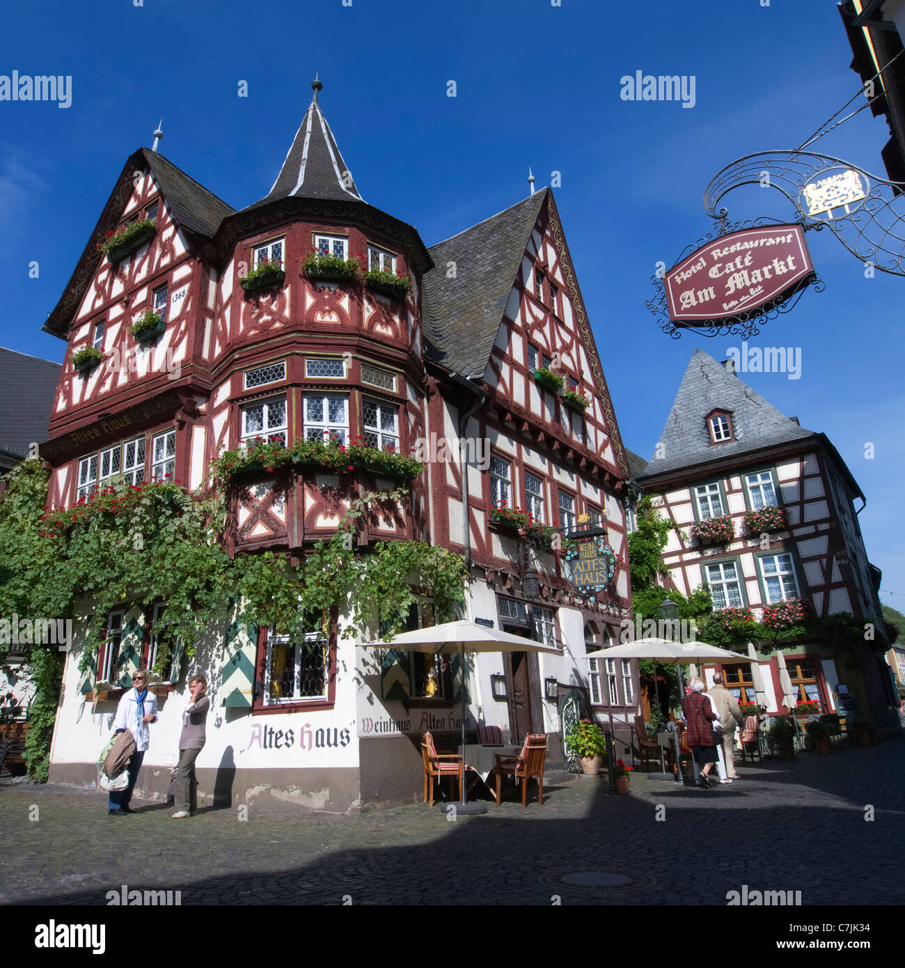Old Altes Haus half-timbered historic landmark building in  Bacharach in Rhineland on River Rhine Germany Stock Photo