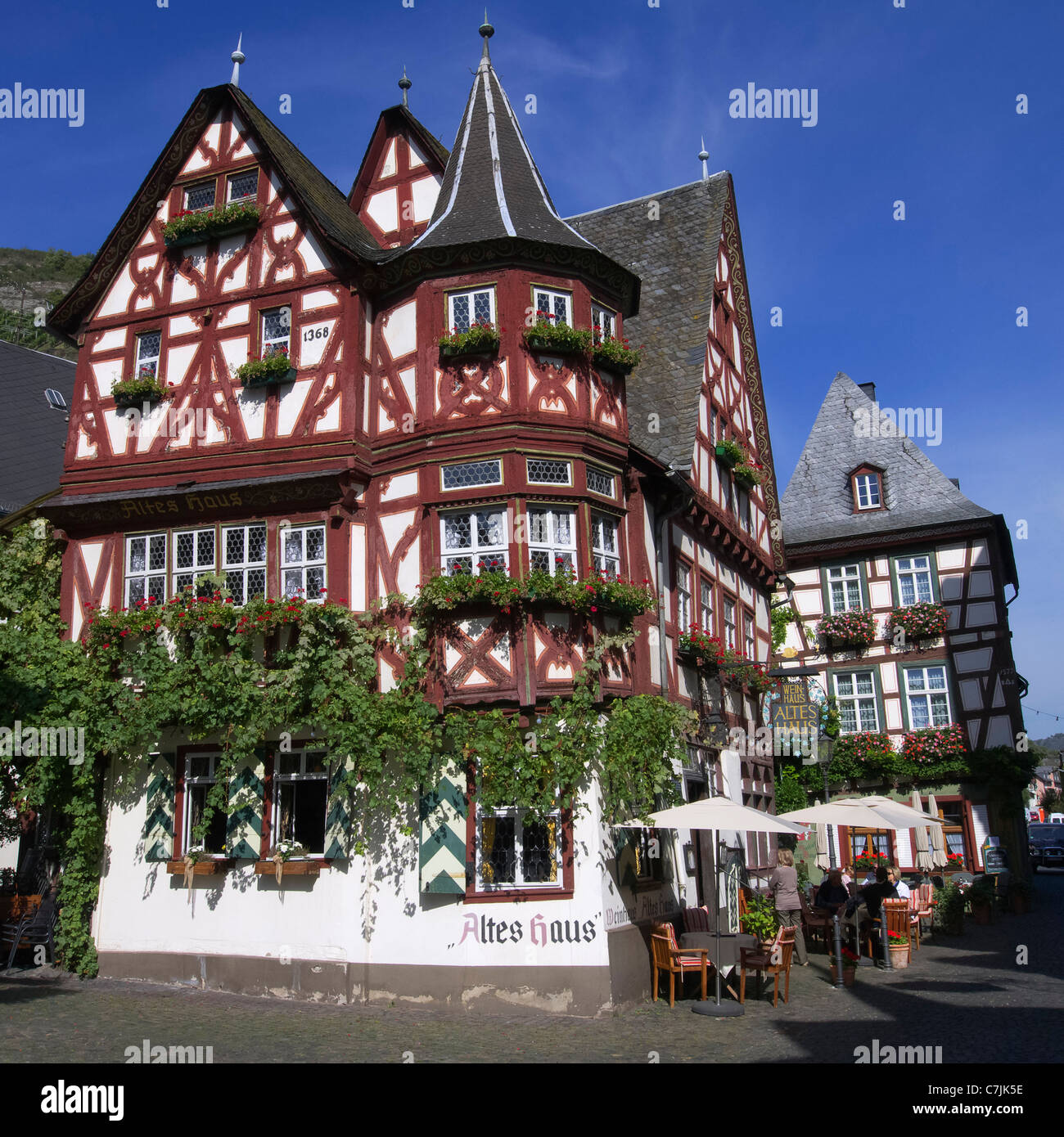 Old Altes Haus half-timbered historic landmark building in  Bacharach in Rhineland on River Rhine Germany Stock Photo
