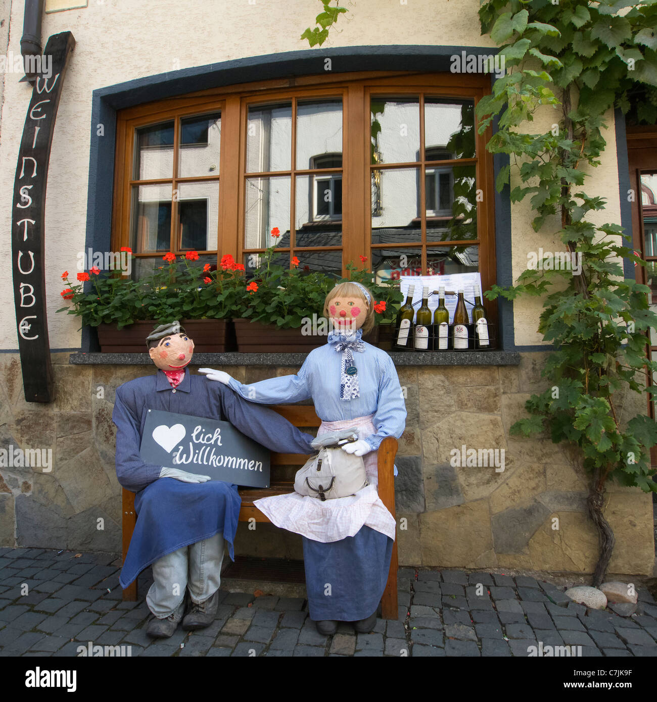 Scene outside wine shop in historic town of Bacharach on River Rhine in Rhineland Germany Stock Photo