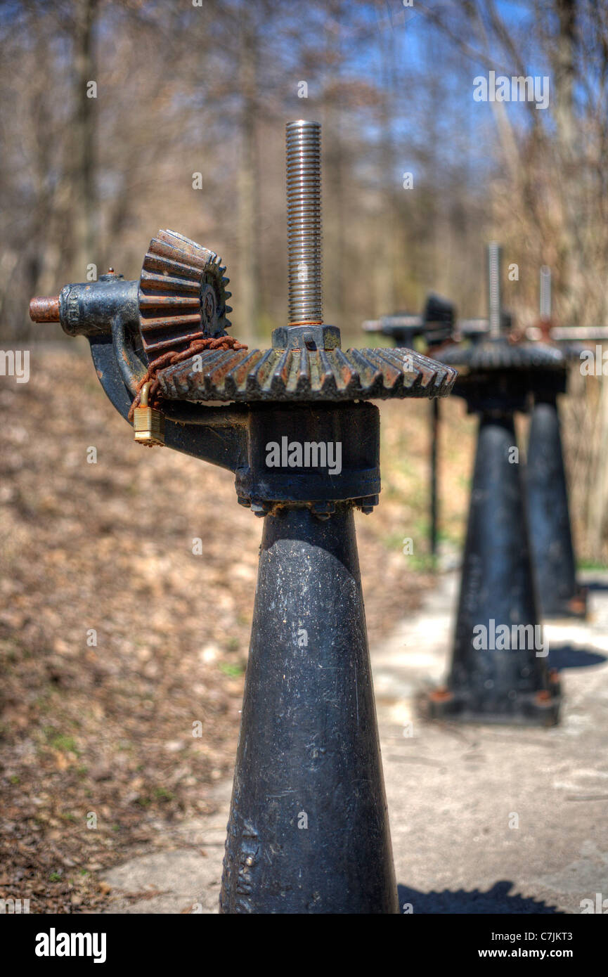 Wickets or Rotating Valves along the Canal in Lambertville, New Jersey Stock Photo