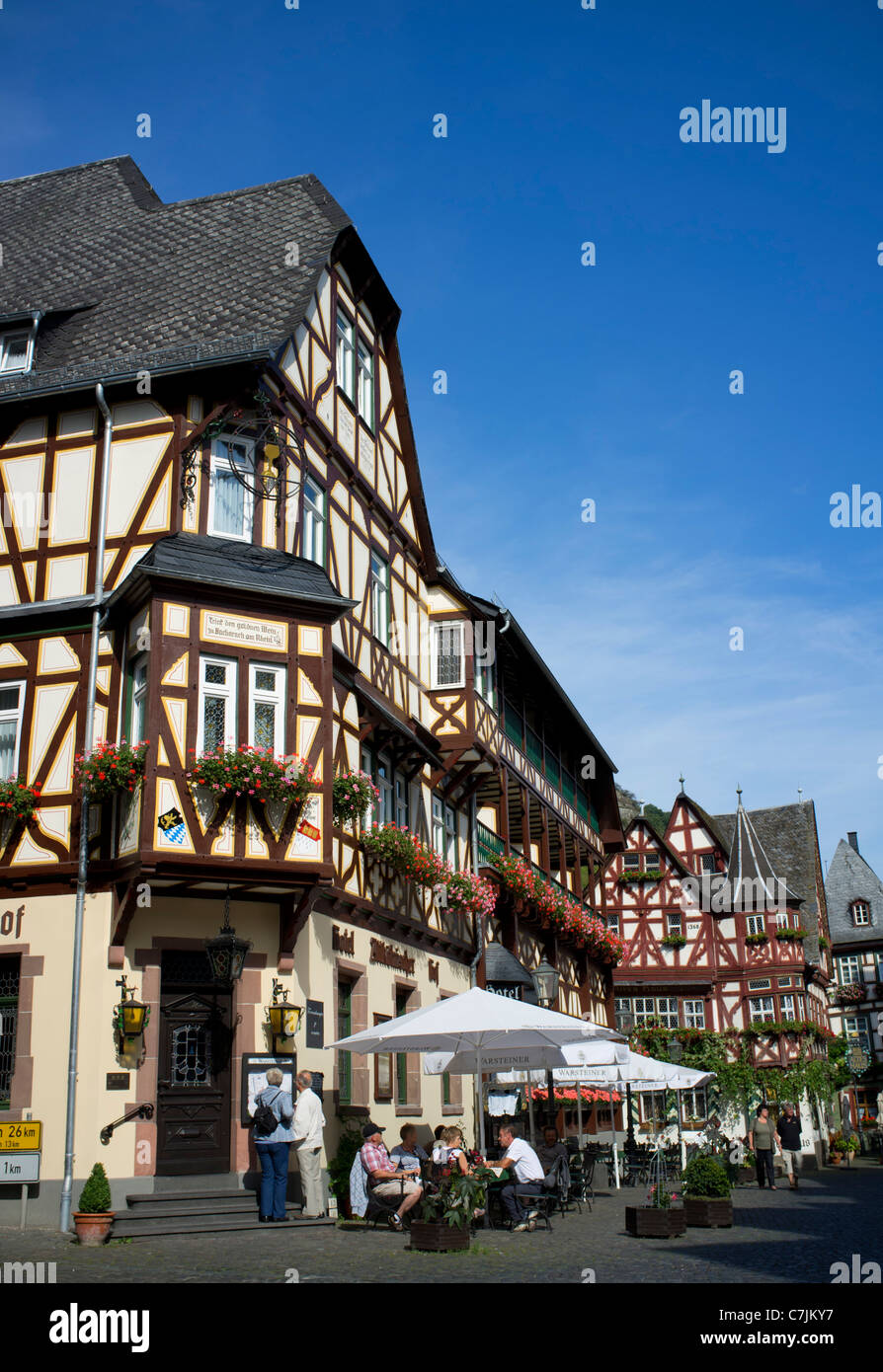 Old half timbered buildings in Bacharach in Rhineland beside River Rhine Germany Stock Photo