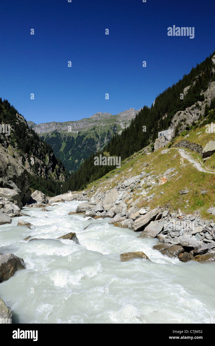 Triftbahn Triftbahn aerial tramway upper terminus next to the Triftwasser river ...