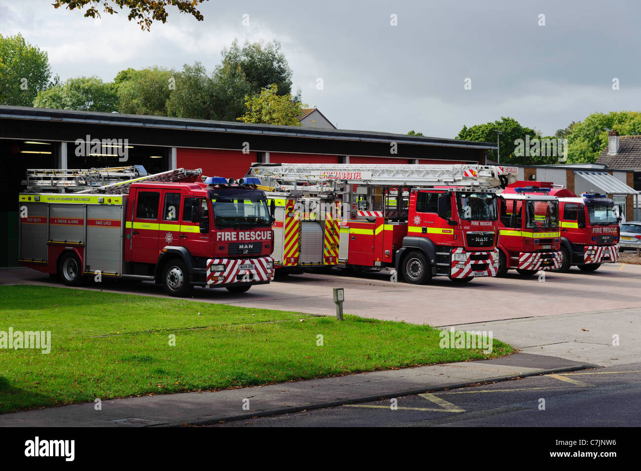 Line up of Fire Appliances at Torquay Fire Station south Devon UK Stock