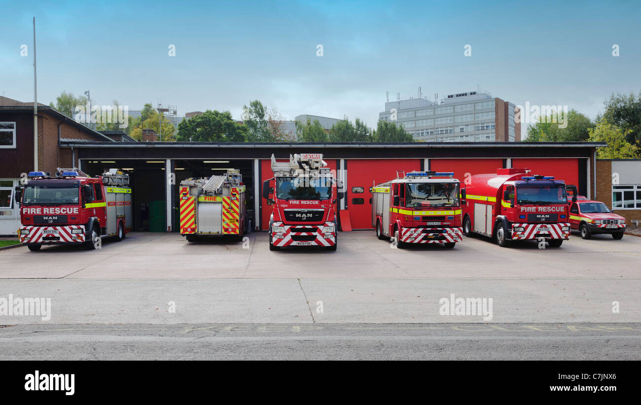 Line up of Fire Appliances at Torquay Fire Station south Devon UK Stock