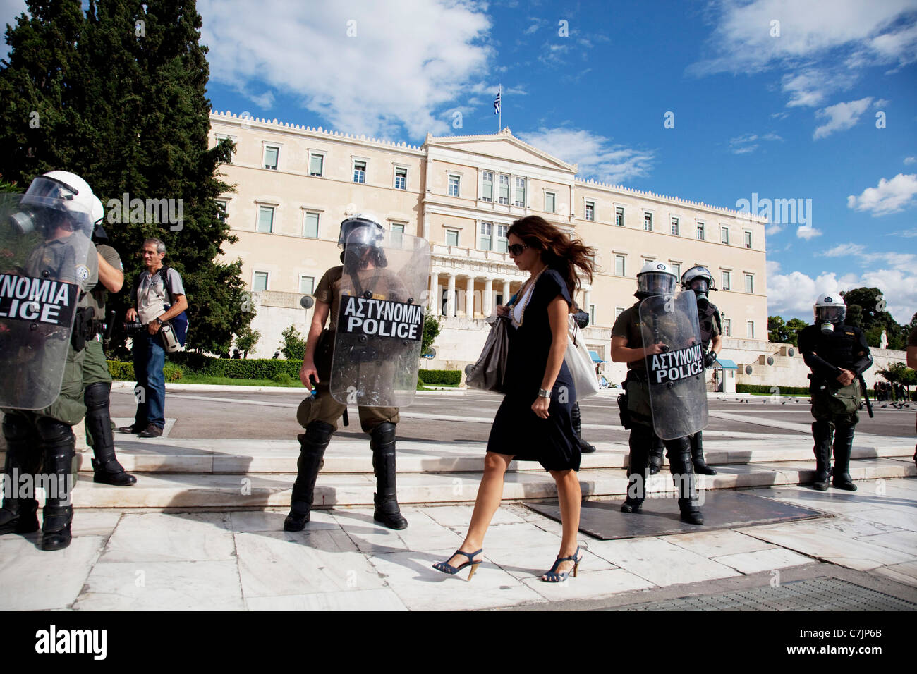 Riot police in front of government at demonstration against austerity measures and planned education reforms in Athens, Greece. Stock Photo