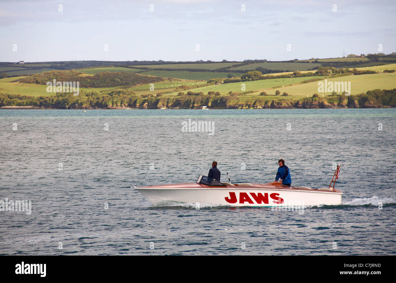 Ride on the waves in Jaws speedboat on the River Camel at Padstow with Rock in the distance at Padstow, Cornwall UK in May Stock Photo