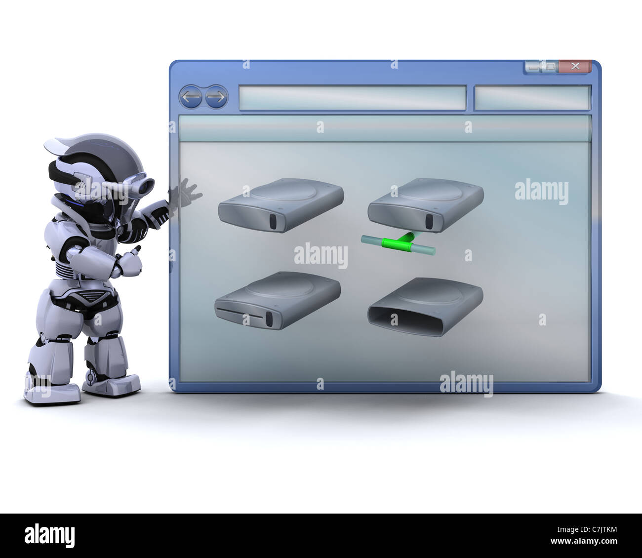 3D render of robot with computer window and drive icons Stock Photo