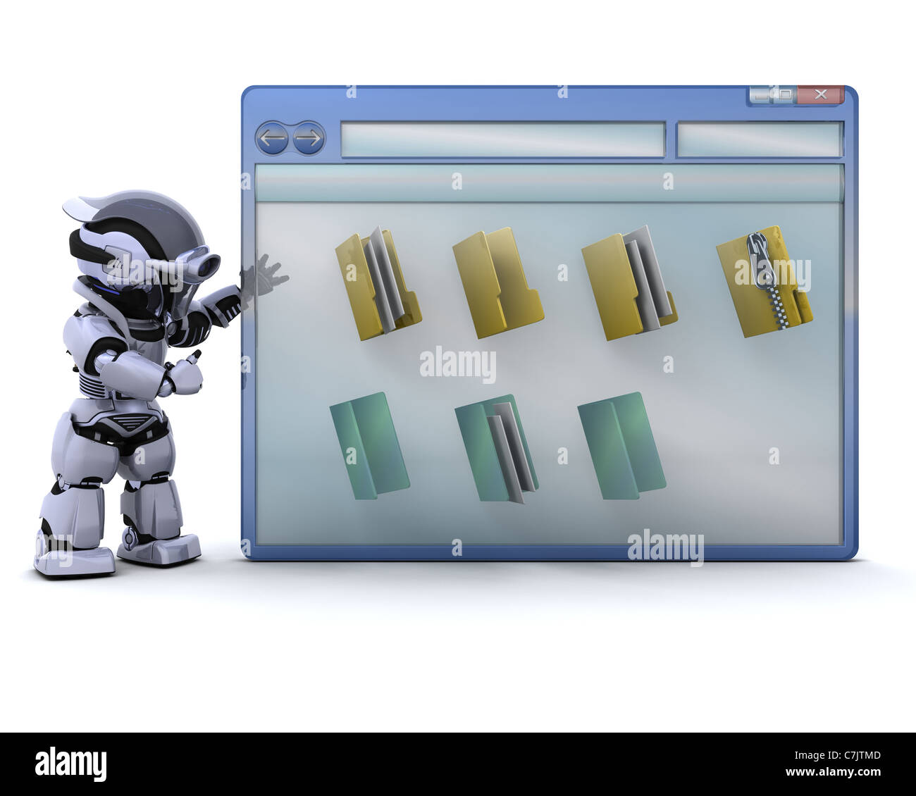 3D render of robot with computer window and folder icons Stock Photo