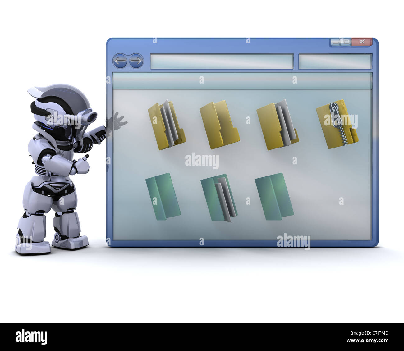 3D render of robot with computer window and folder icons Stock Photo ...