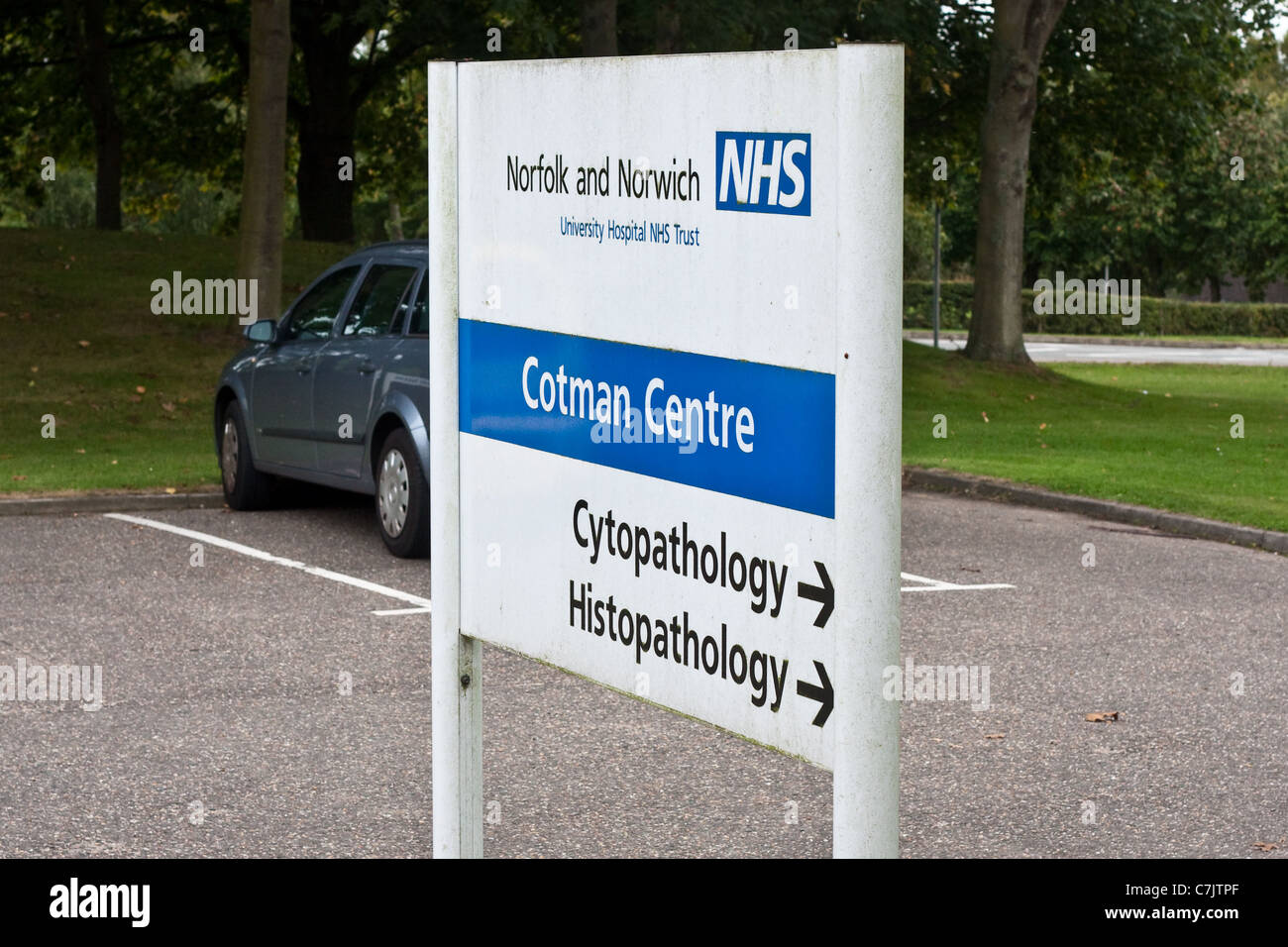 Sign for the Pathology department at the Norfolk and Norwich Hospital, UK Stock Photo
