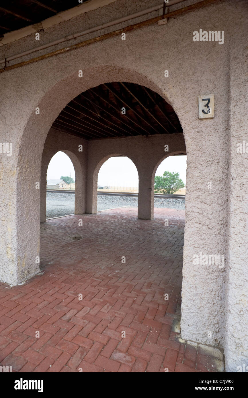 Arched entrances to the old railroad station in Melrose, New Mexico. Stock Photo