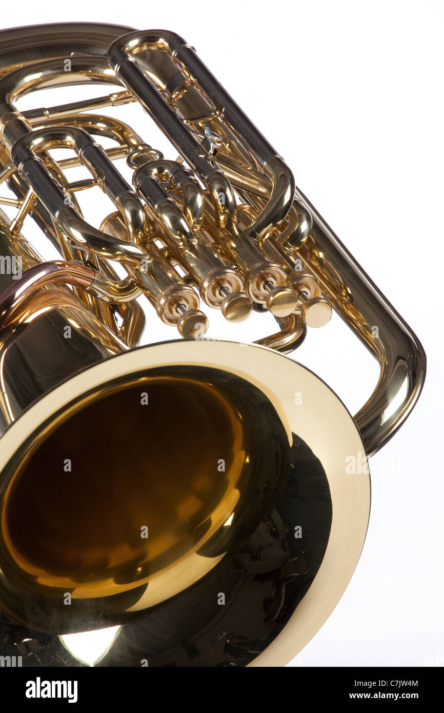 A bass tuba euphonium music instrument isolated against a high key white background. Stock Photo