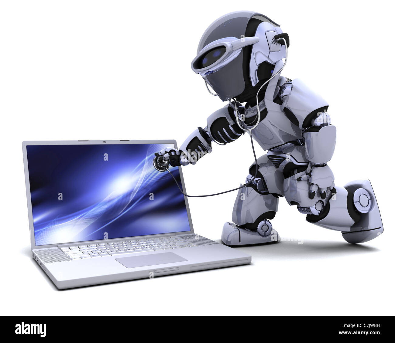 3D render of robot with computer and stethoscope Stock Photo