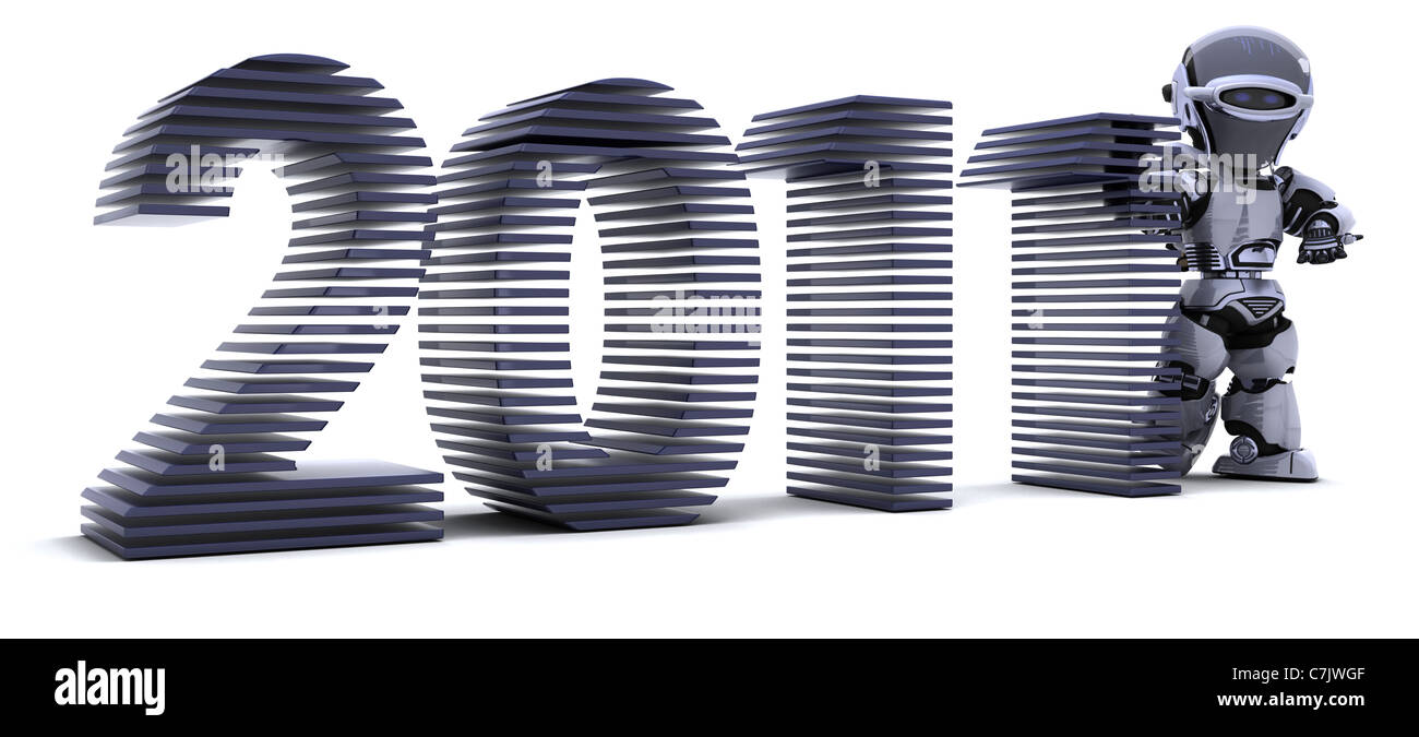 3D render of a Robot presenting 2011 for new year Stock Photo