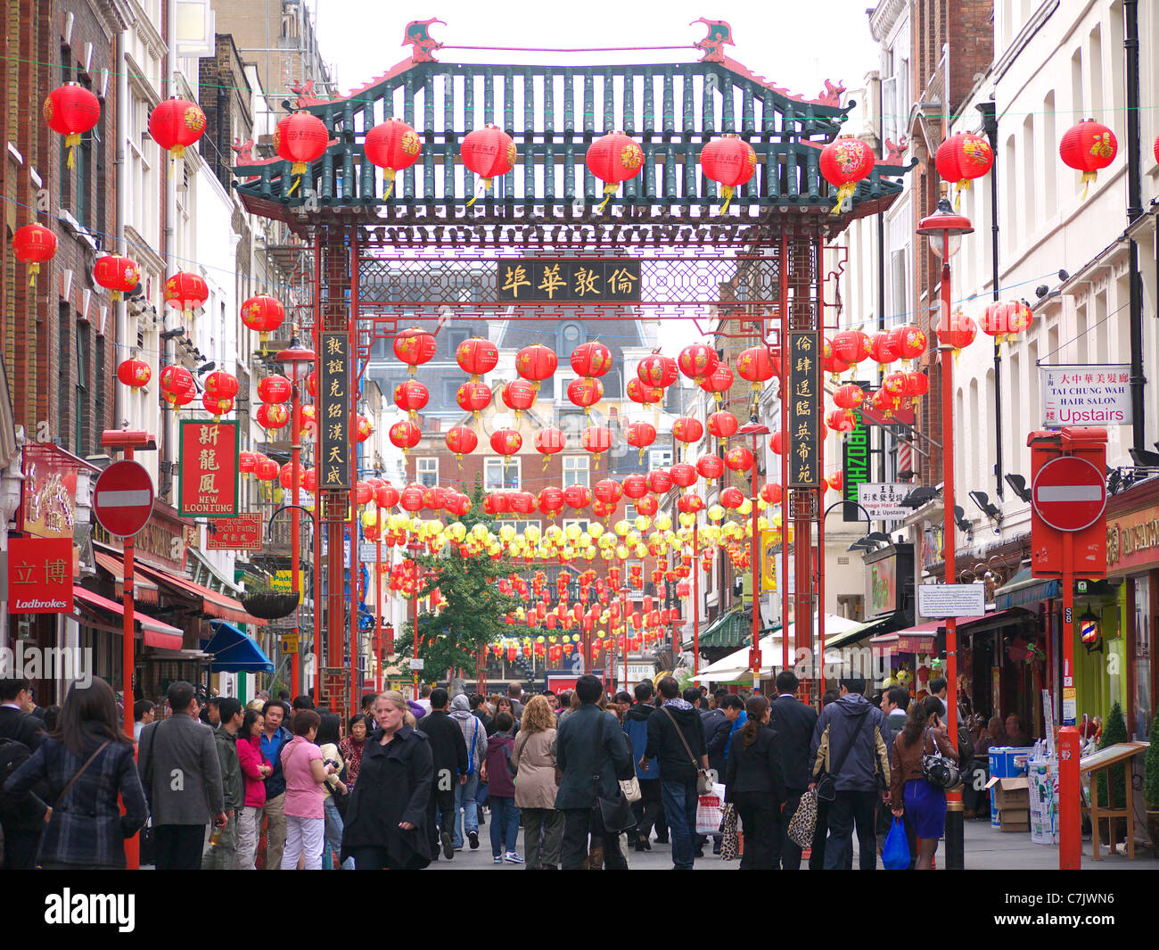 A view along Gerrard Street in London's Chinatown decorated with red
