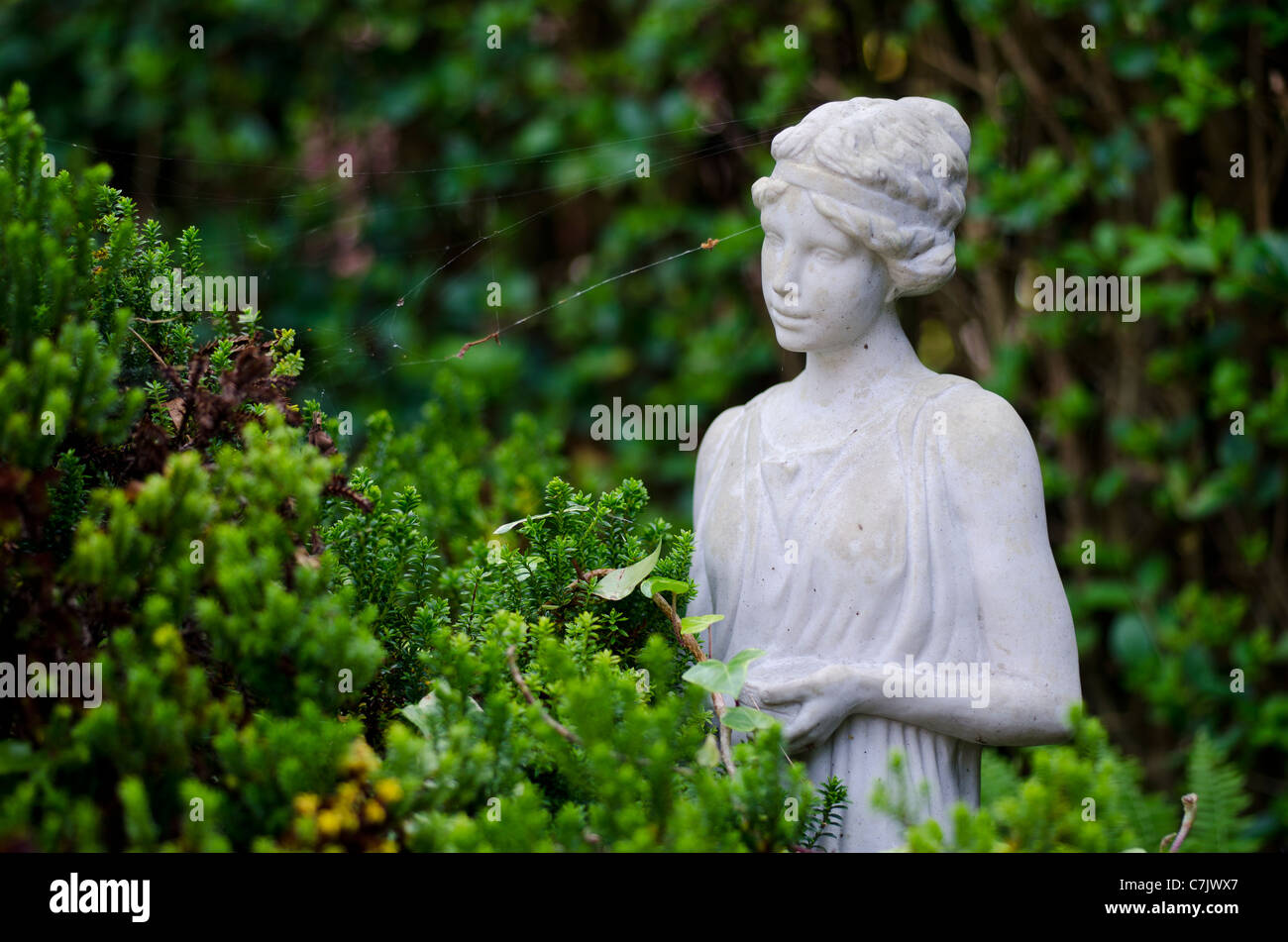 Garden figurine sitting amongst hebe plant Stock Photo