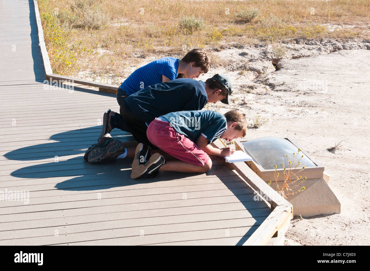 Teenage high school students study fossil exhibits along the Fossil