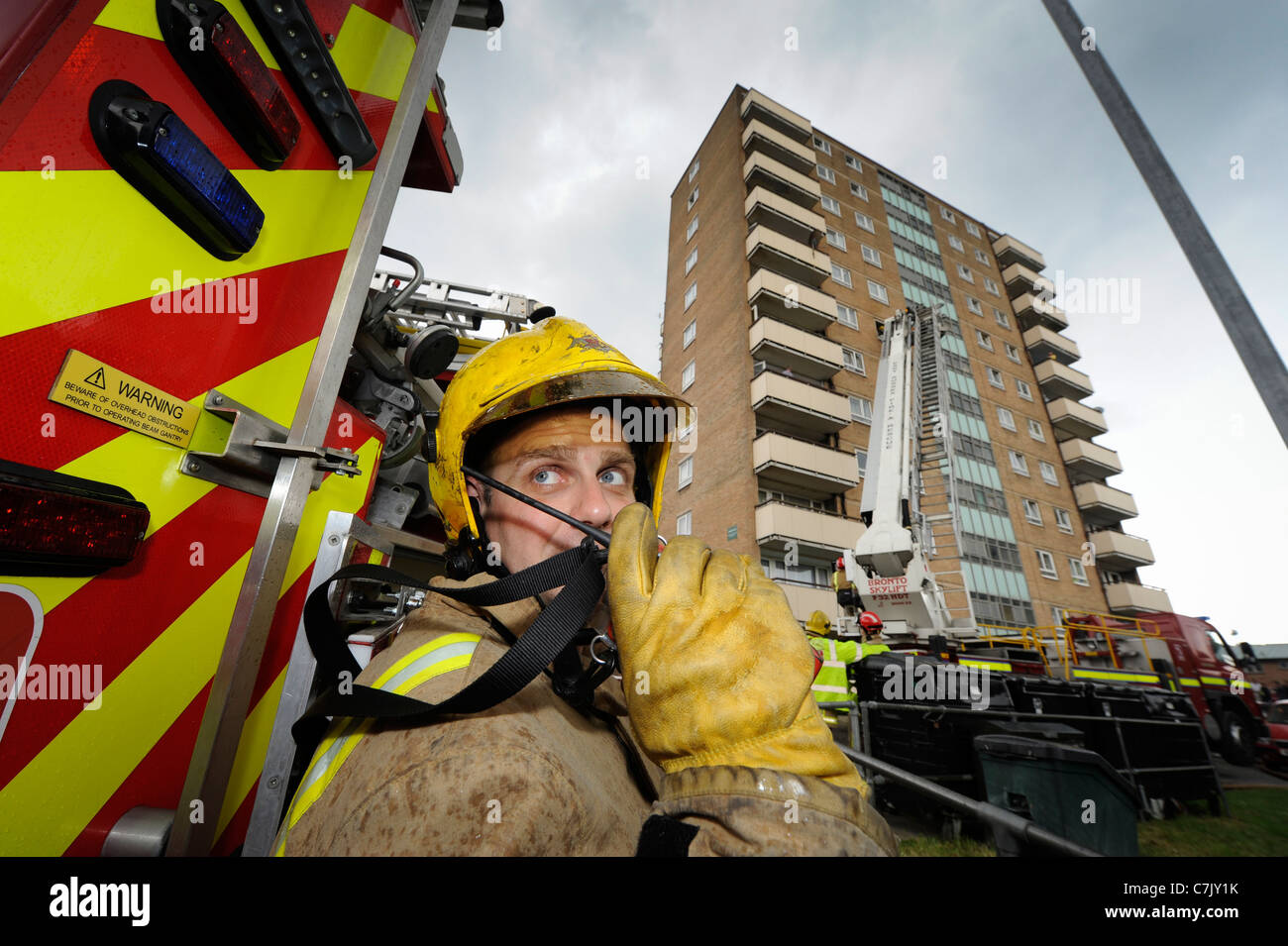 Fire crews take part in an exercise at flats in Brighton. Stock Photo