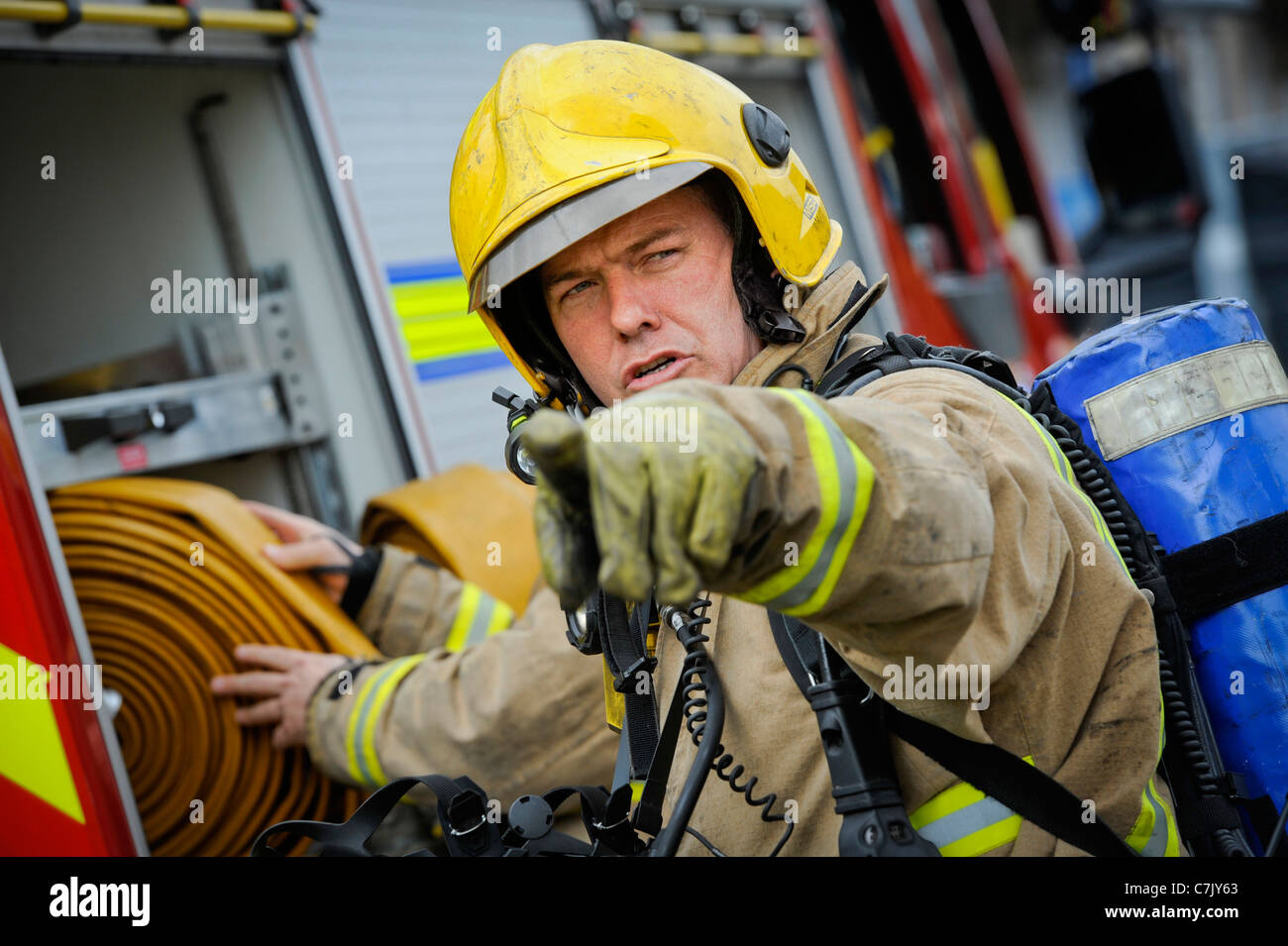 Fire crews take part in an exercise at flats in Brighton. Stock Photo