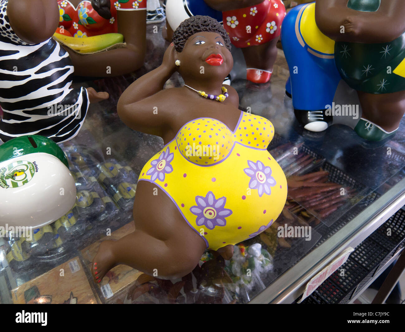 Close-up of colourful ceramic figure on sale as tourists souvenirs in Liberdade, Sao Paulo, Brazil Stock Photo
