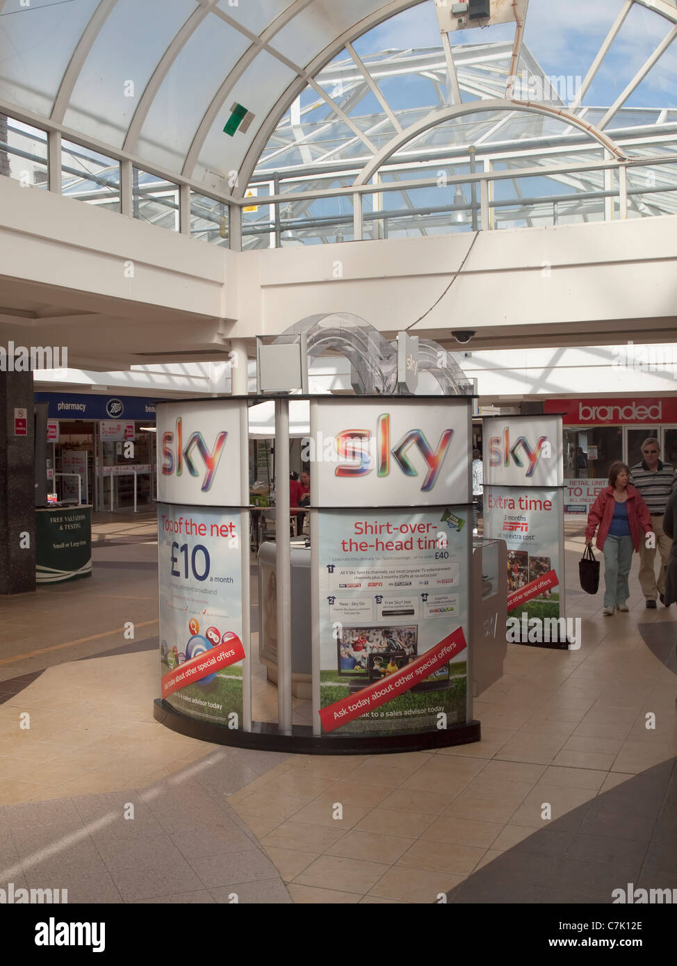 Sky TV promotional and sales booth in the Winsford Cross shopping centre, Winsford, Cheshire Stock Photo