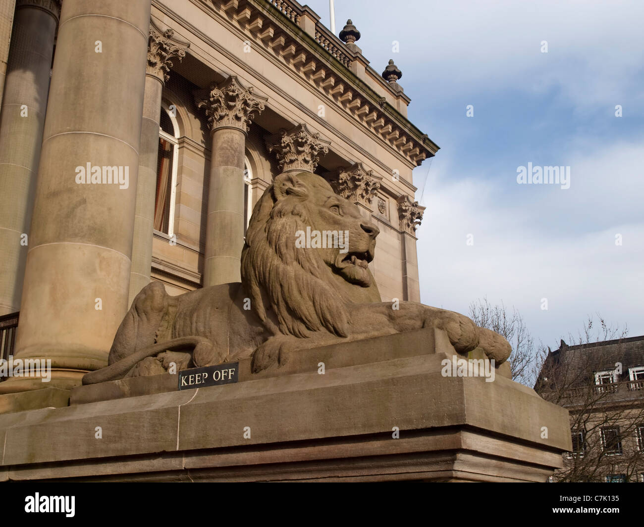 Stone lion outside the front of the Town Hall, Bolton, Lancashire. Stock Photo