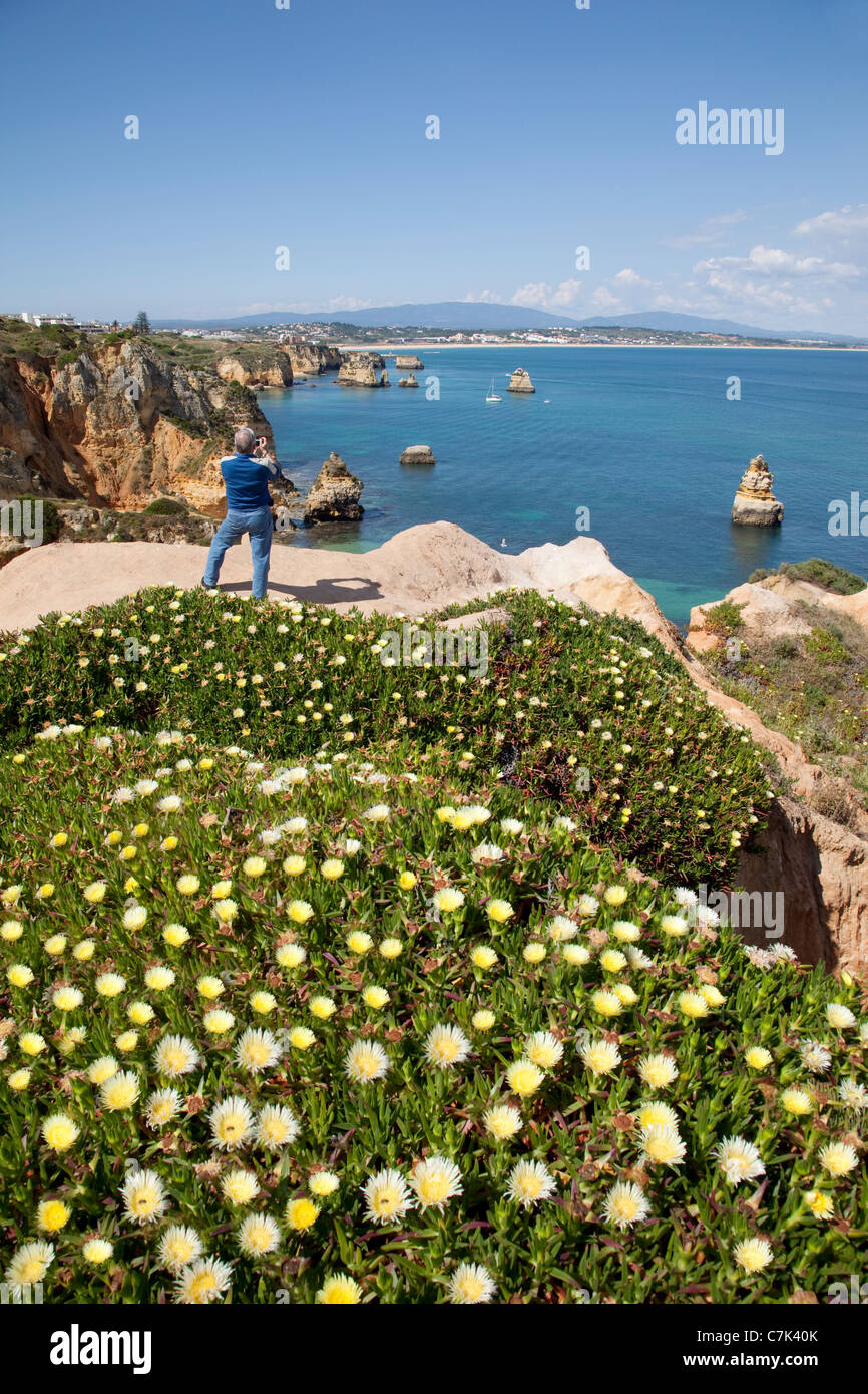 Portugal, Algarve, Lagos, Meia Camilo, Beach & Rocky Coastline Stock Photo