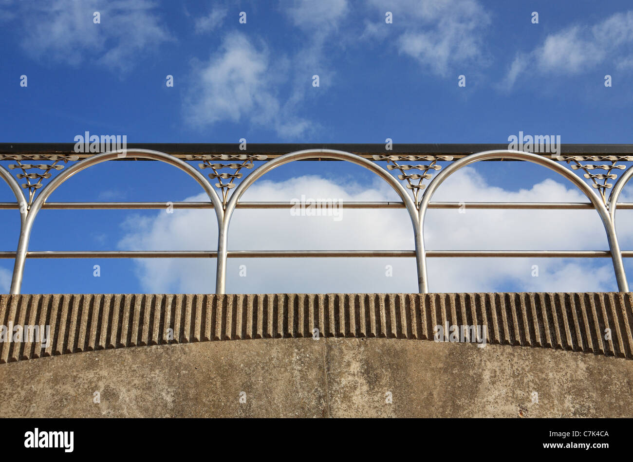 Blue sky above stainless steel railings, South Shields promenade, north east England, UK Stock Photo