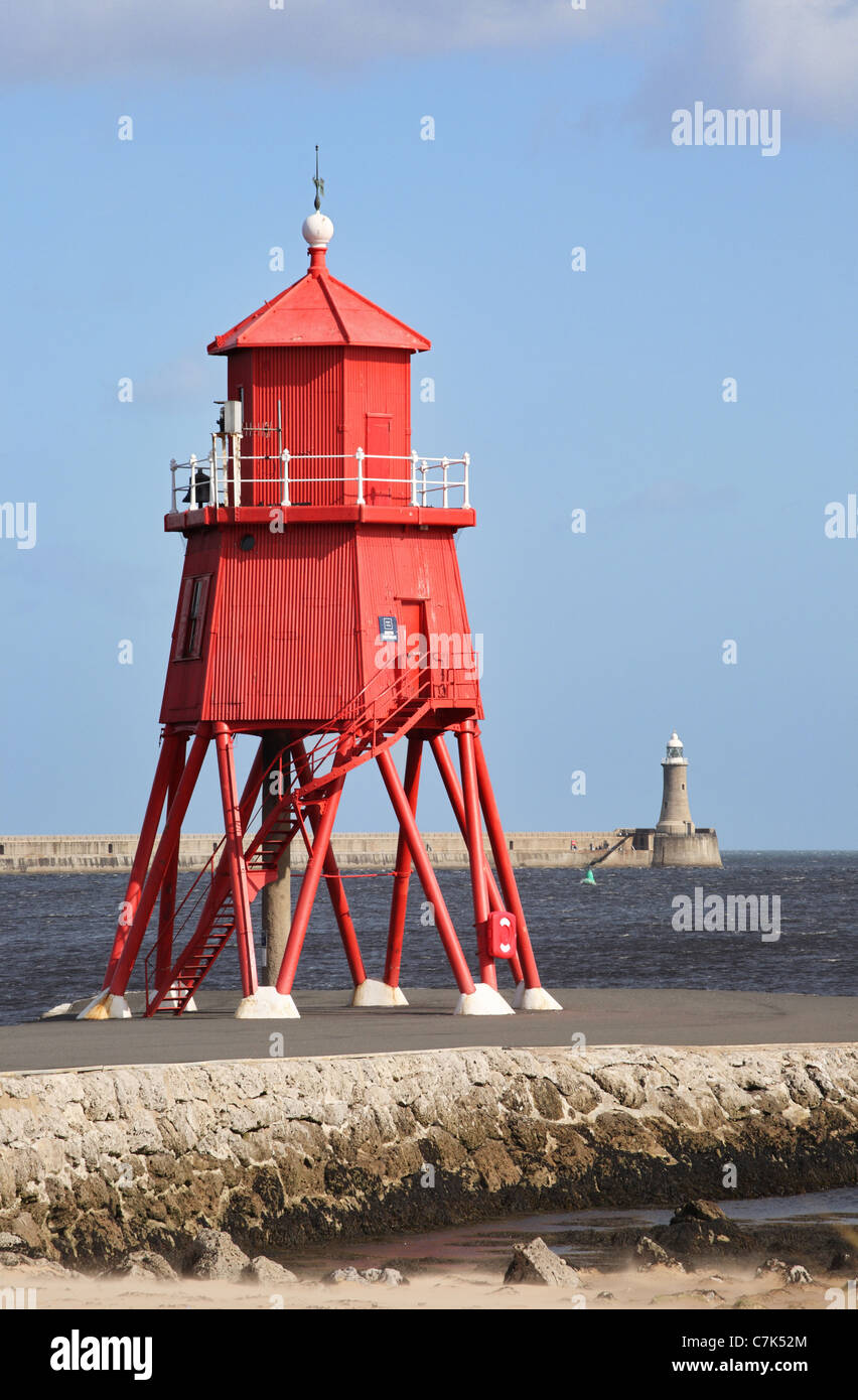 Groyne and Tynemouth lighthouses South Shields, North East England, UK Stock Photo
