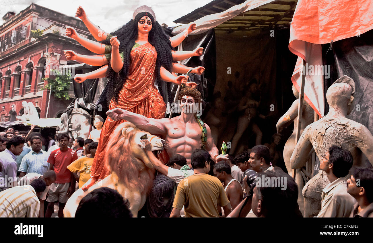 Durga Goddess with Consorts, moves for worship at Public place . Stock Photo