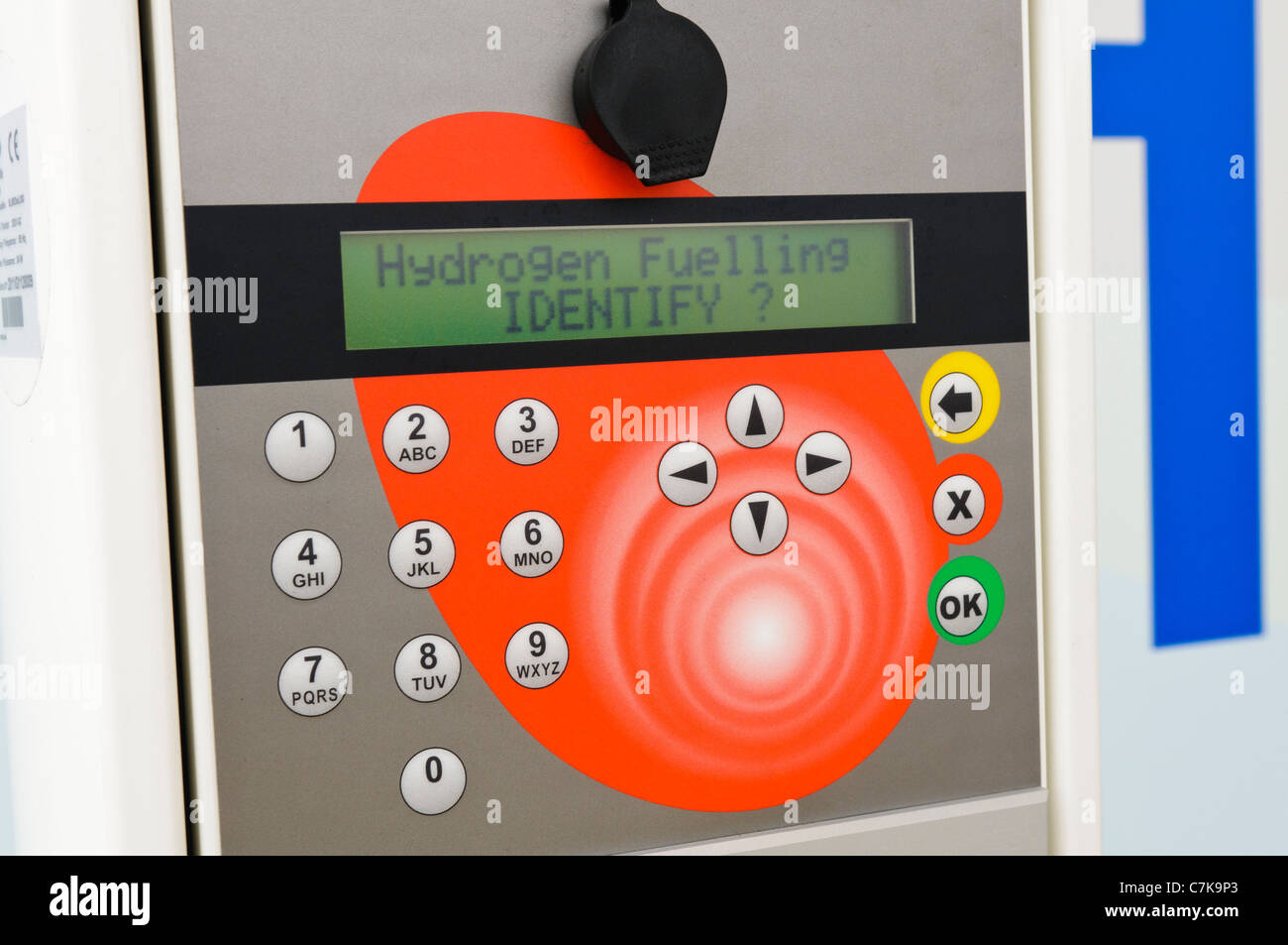 RFID reader and PIN entry keypad to authenticate a hydrogen fuel pump at UK's first Hydrogen filling station, Swindon. Stock Photo