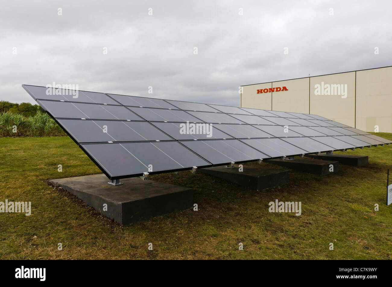 Ground mounted photovoltiac solar panel array at a Honda factory in Swindon Stock Photo
