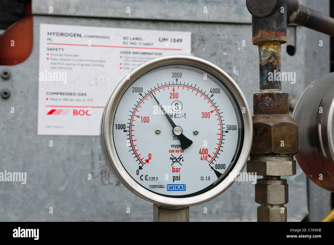 Pressure gauge inside a Hydrogen vehicle refuelling station Stock Photo