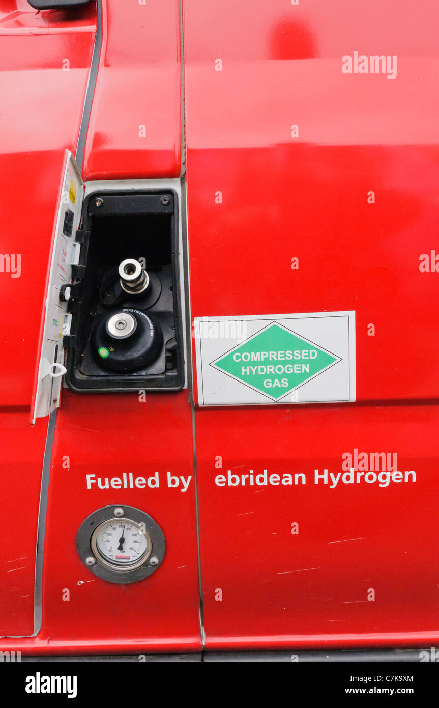 Inside the filler cap of a dual fuelled vehicle using petrol and hydrogen Stock Photo