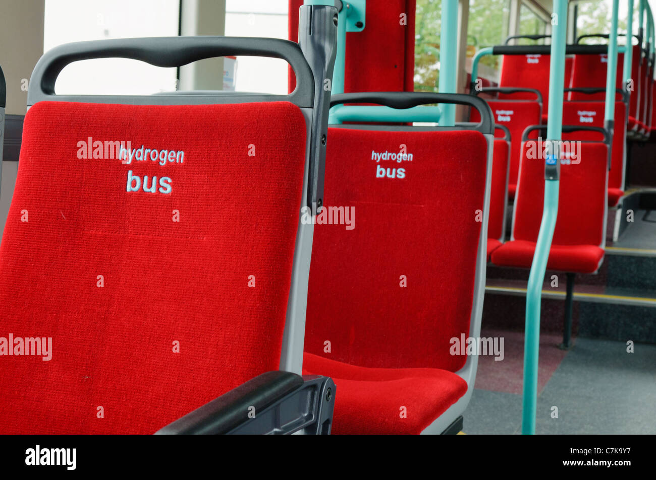 Seats inside a Transport for London hydrogen fuel cell powered bus Stock Photo