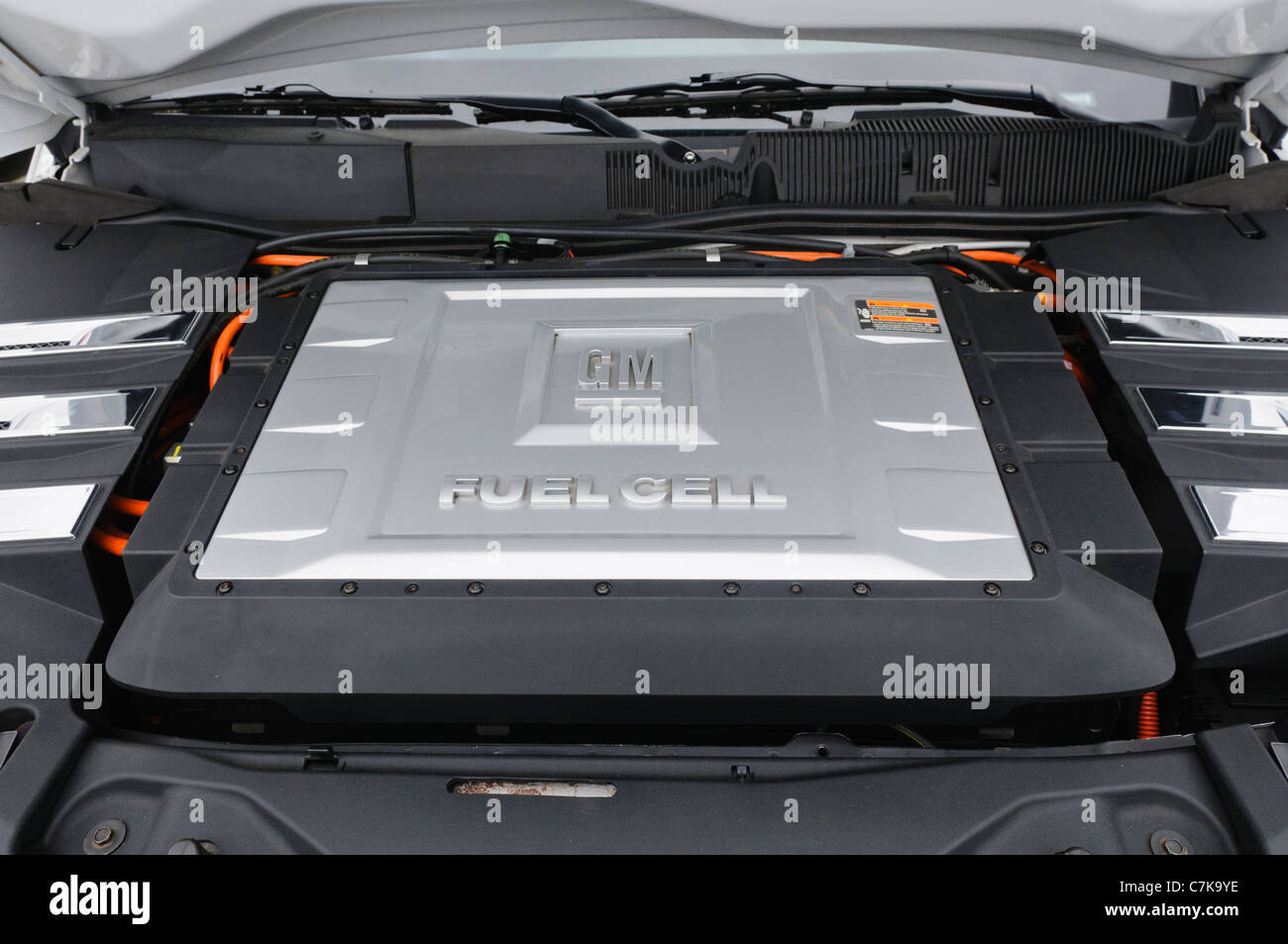 General Motors hydrogen fuel cell in the engine bay of a car Stock Photo