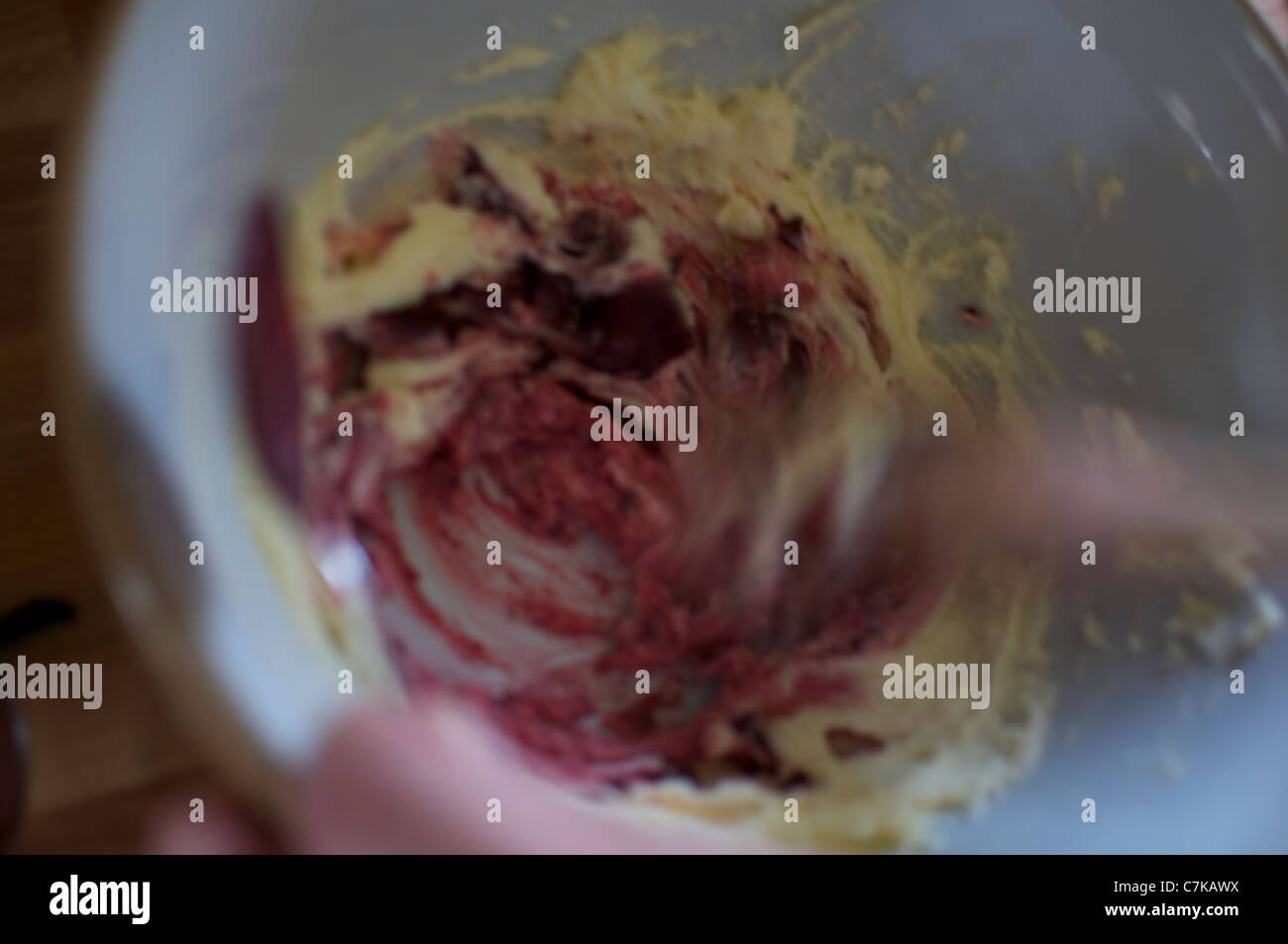 Red velvet cupcake mixture. Butter, sugar, coco powder and red food