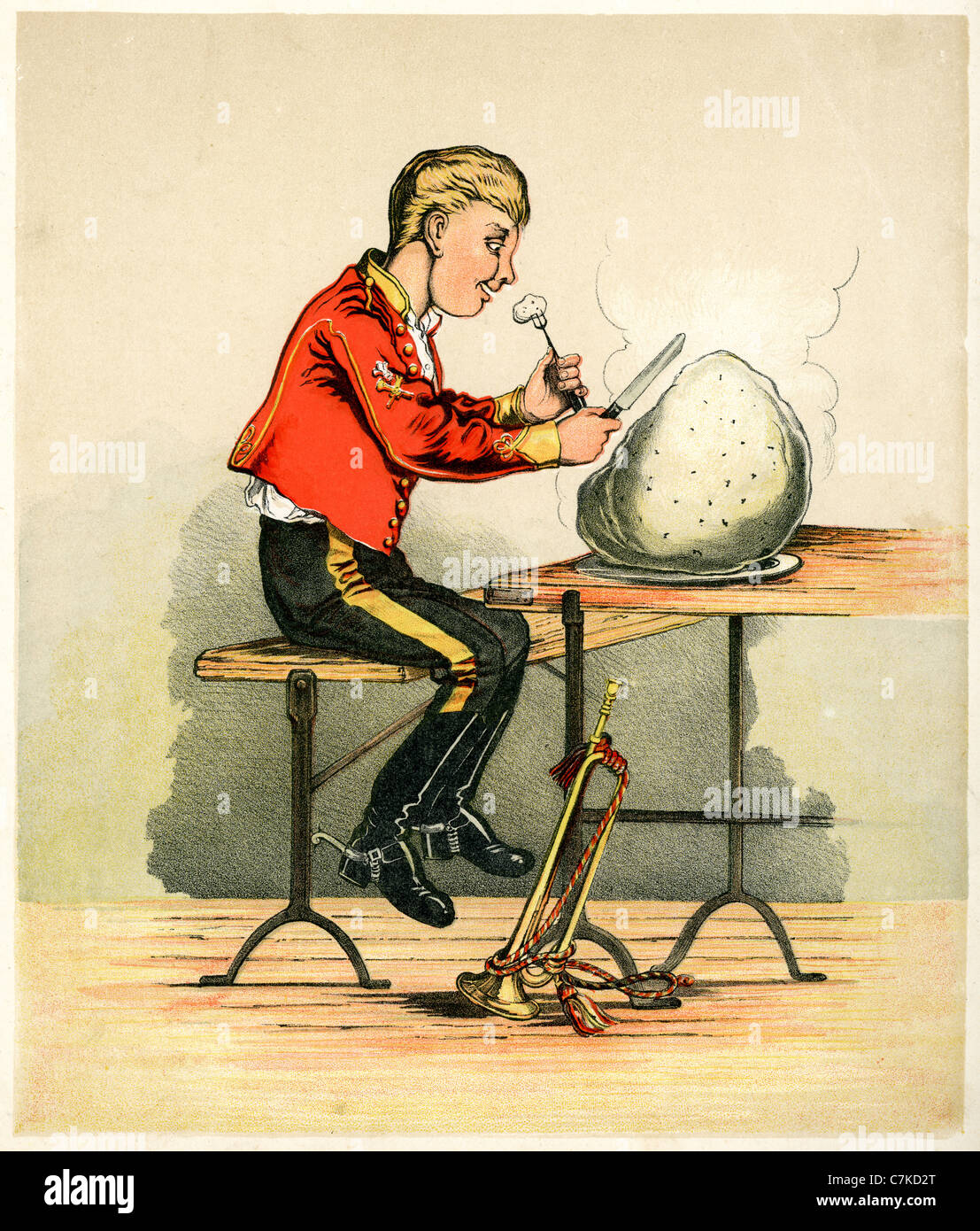 Caricature of a trumpeter in the British army eating a plum duff. Stock Photo