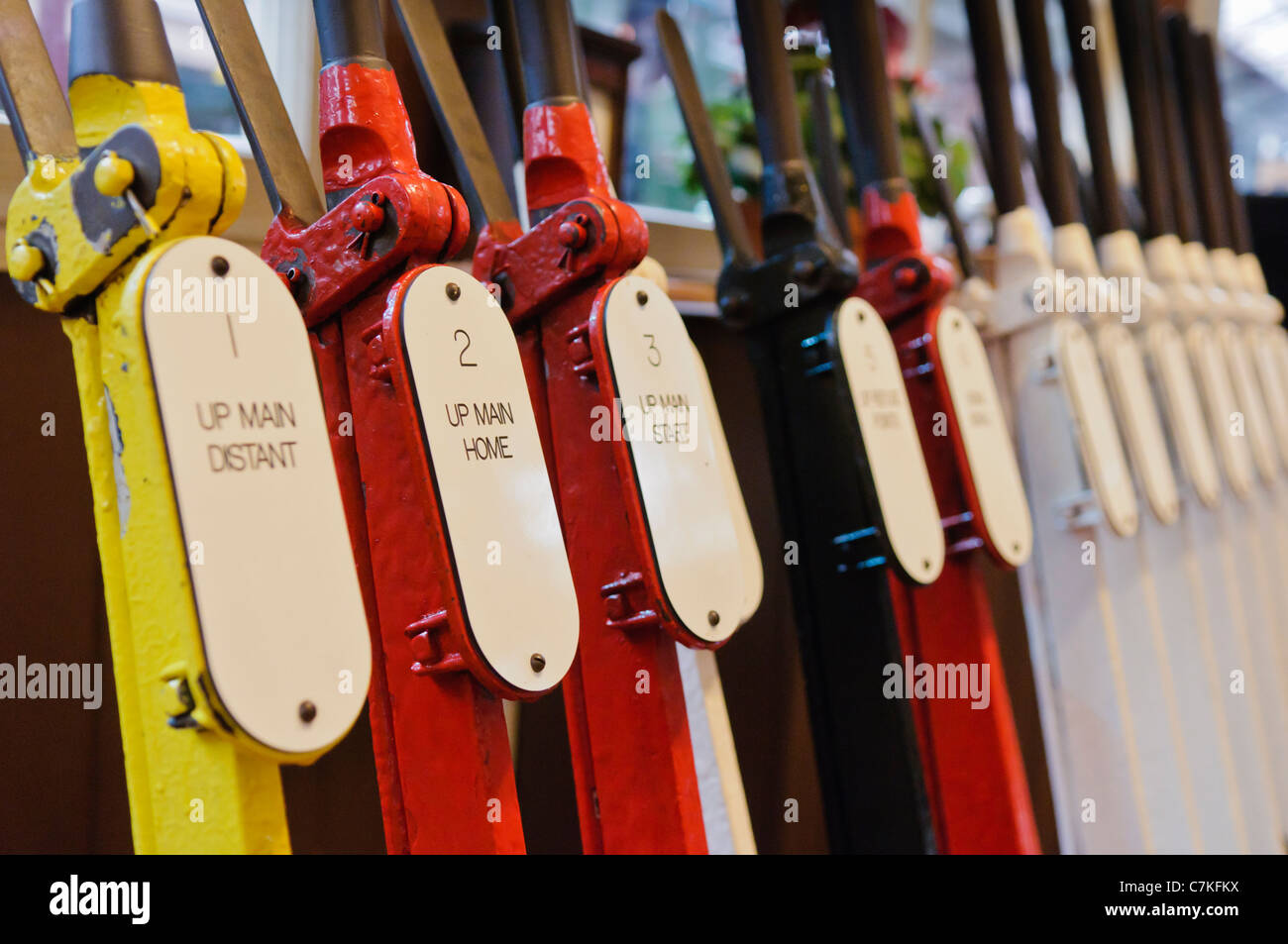 Point and signal levers in a railway signal box. Stock Photo