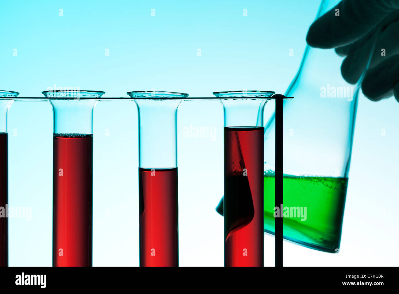 chemical laboratory scene, test tubes in rack with red liquid, hand holding Erlenmeyer flask with green liquid Stock Photo