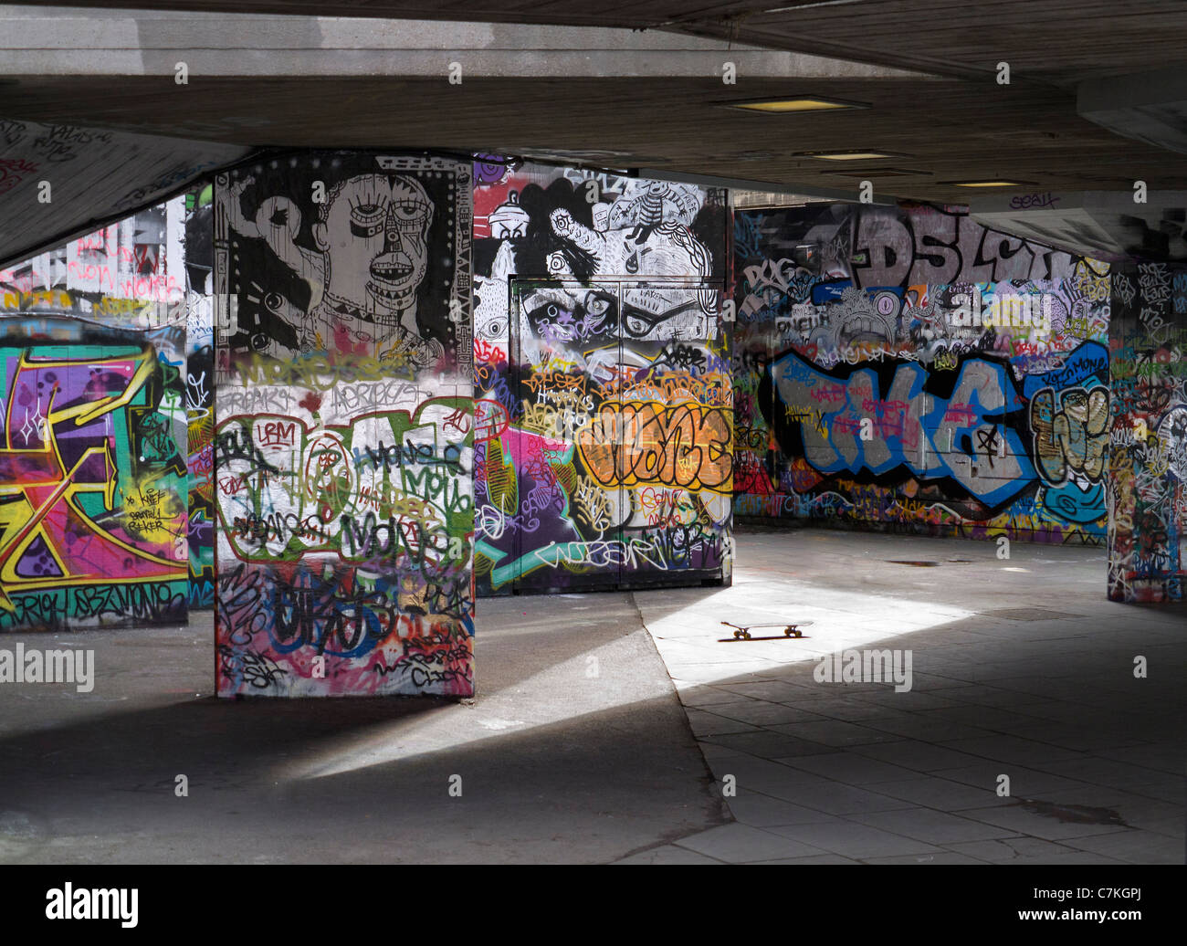 Graffiti-land on the South Bank, London- deserted skateboard Stock Photo